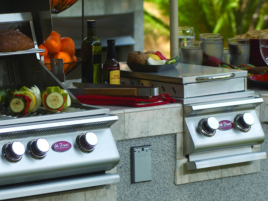 Flames rising off a Cal Flame grill, Hot Off the Grill newsletter