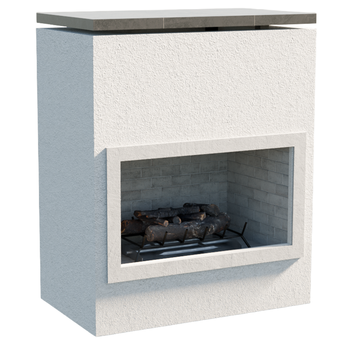 Cal Flame Cabo outdoor gas fireplace in stucco with trim, front view
