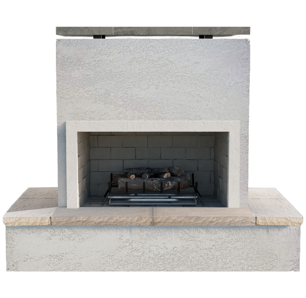 Cal Flame Sahara outdoor gas fireplace with wrap-around mantel, front view