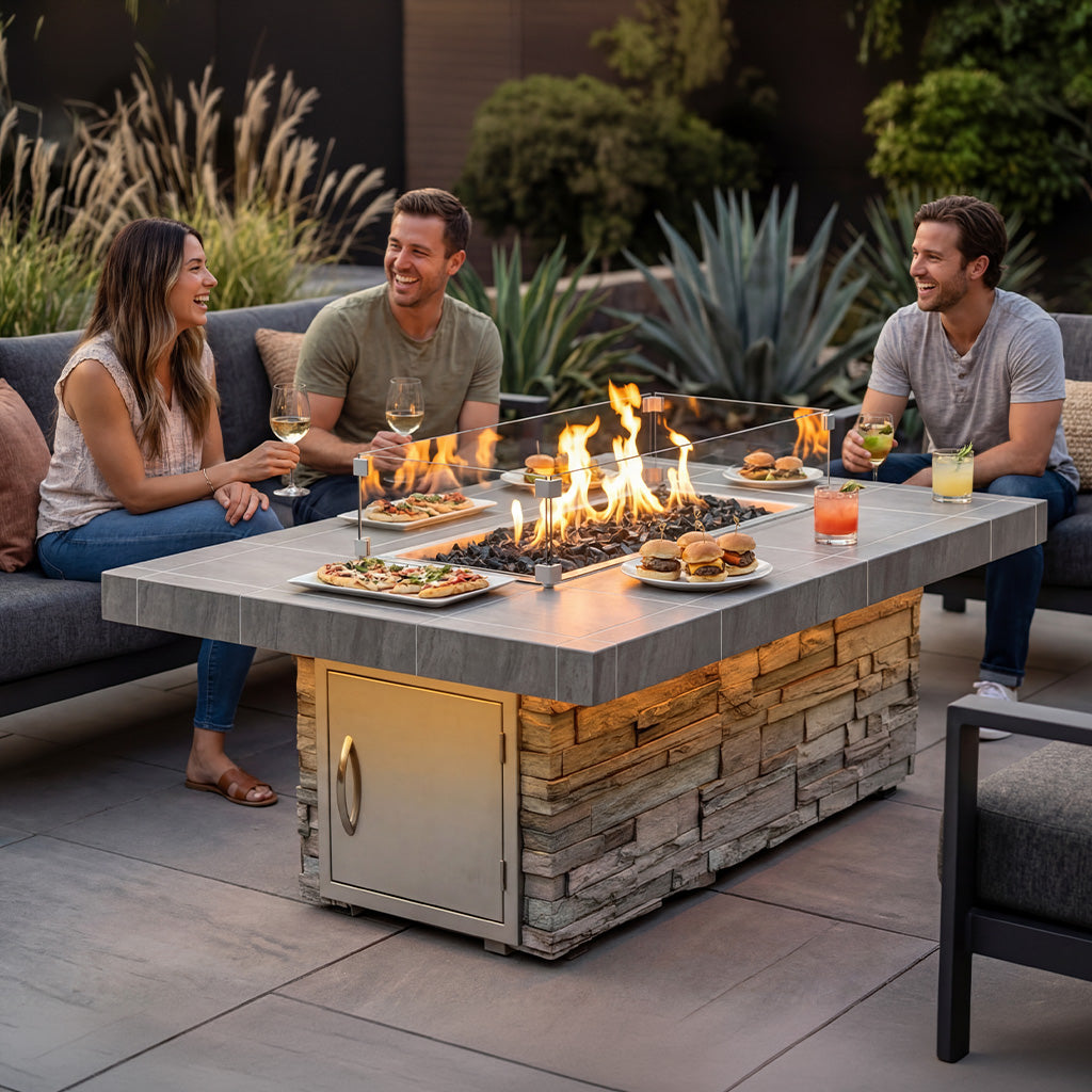 Cal Flame Mojave gas fire pit lit on a patio