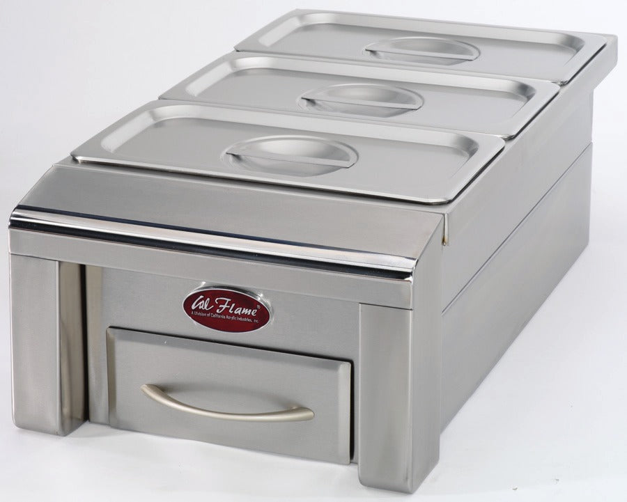 Cal Flame 12 inch drop-in food warmer with two pans and drawer