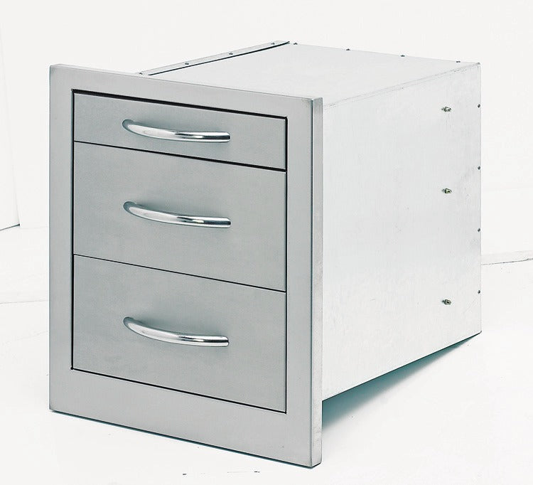 Cal Flame wide three drawer storage unit in stainless steel