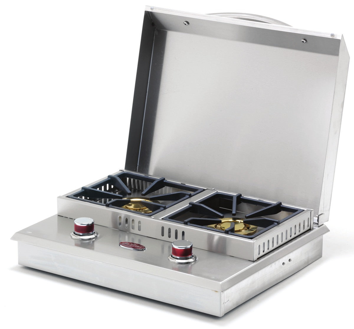Cal Flame standard side by side flat burner with lid open