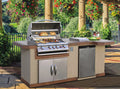 Cal Flame Avalon Q outdoor kitchen island in a garden courtyard
