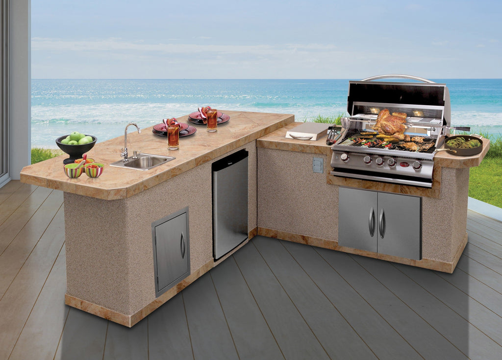 Cal Flame Carmel Q L-shaped outdoor kitchen island with sink and bar, ocean view