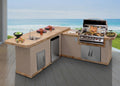 Cal Flame Carmel Q L-shaped outdoor kitchen island with sink and bar, ocean view