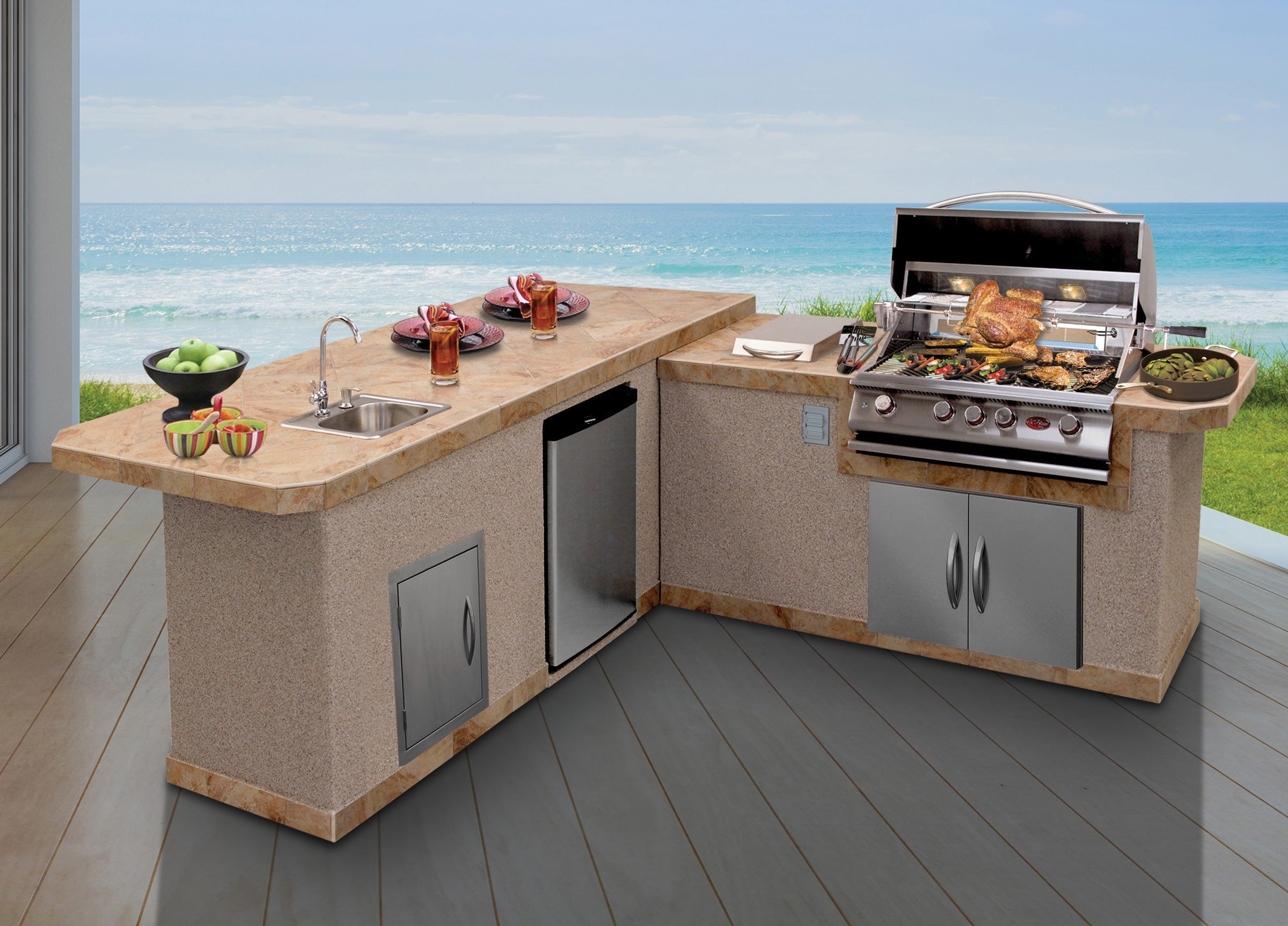 Cal Flame Carmel Q L-shaped outdoor kitchen island with sink and bar, ocean view