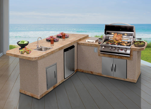 Cal Flame Carmel Q L-shaped outdoor kitchen island with sink and bar, ocean view