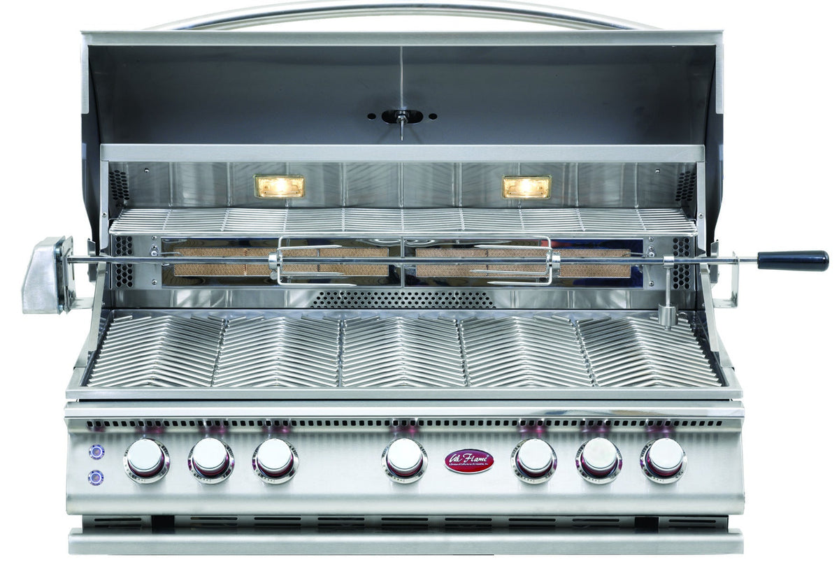 Cal Flame convection 5-burner built-in gas grill, hood open