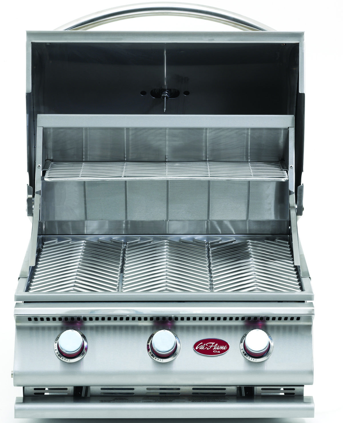 Cal Flame G Series 3-burner built-in gas grill, hood open showing V-grates