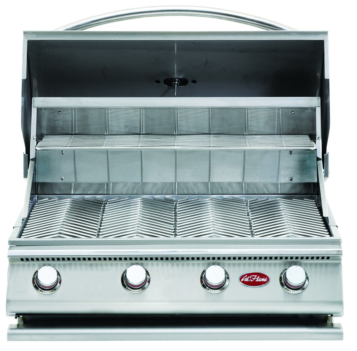 Cal Flame G Series 4-burner built-in gas grill, hood open showing V-grates