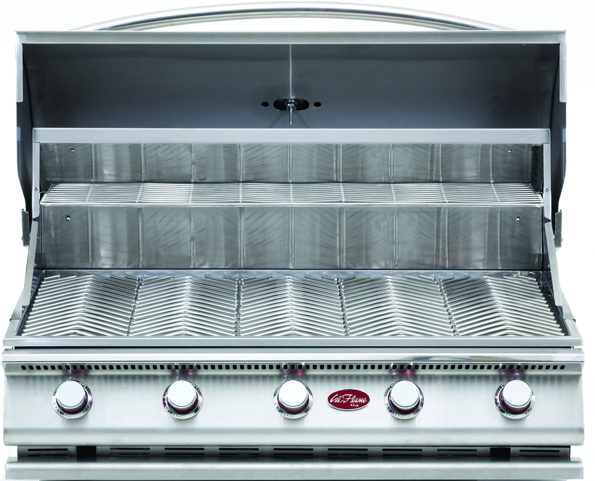 Cal Flame G Series 5-burner built-in gas grill, hood open showing V-grates