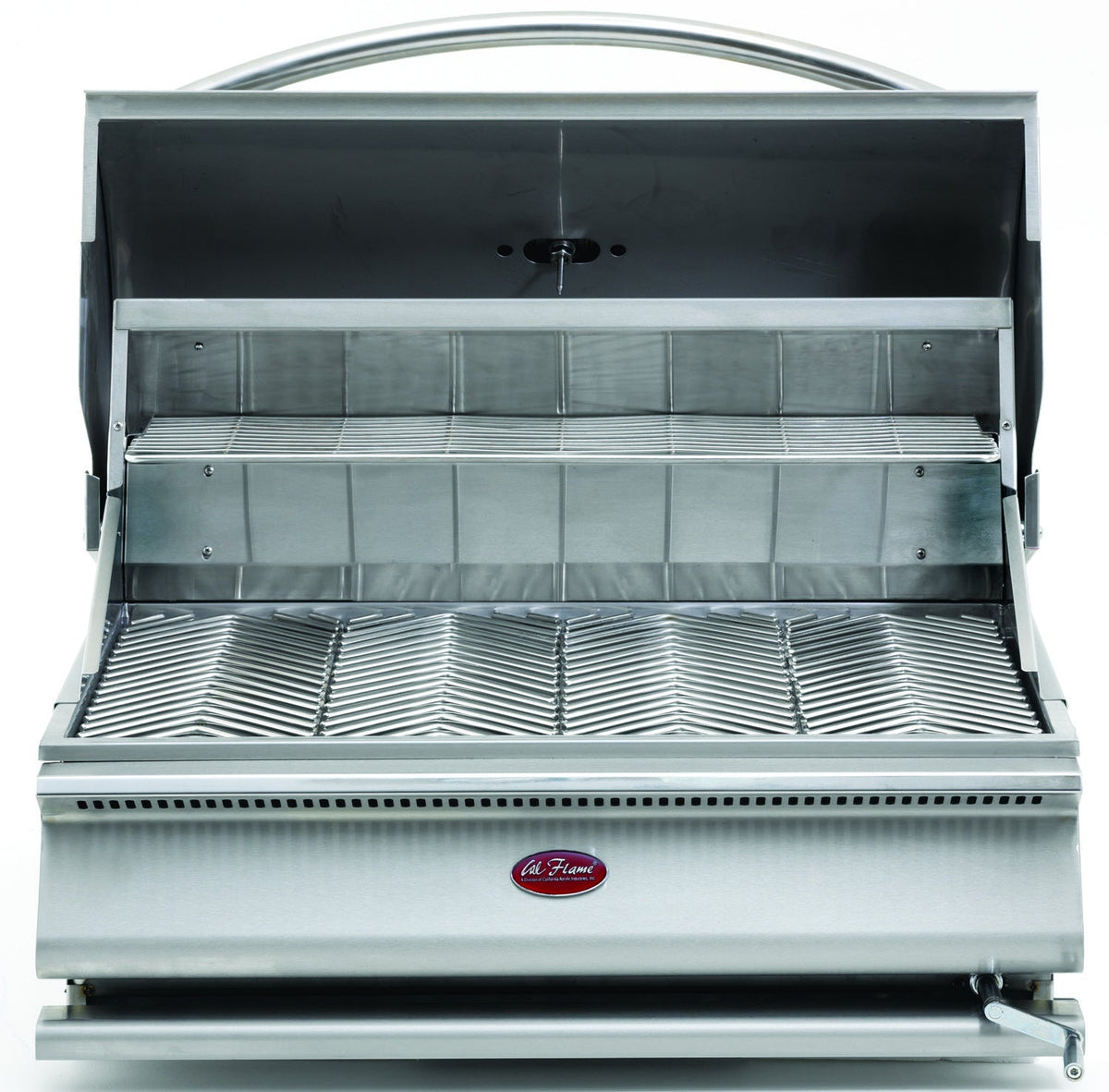Cal Flame G Series charcoal built-in grill, hood open showing adjustable charcoal tray