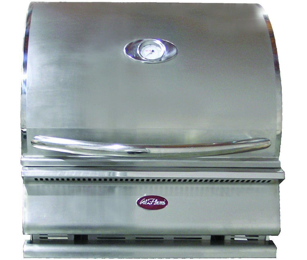 Cal Flame G Series charcoal built-in grill with hood closed and temperature gauge