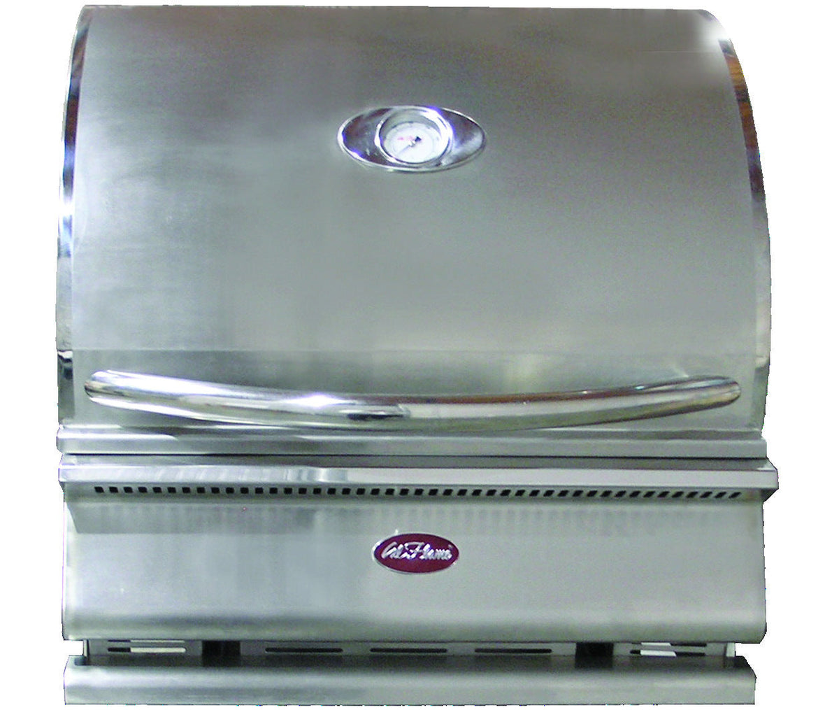 Cal Flame G Series charcoal built-in grill with hood closed and temperature gauge