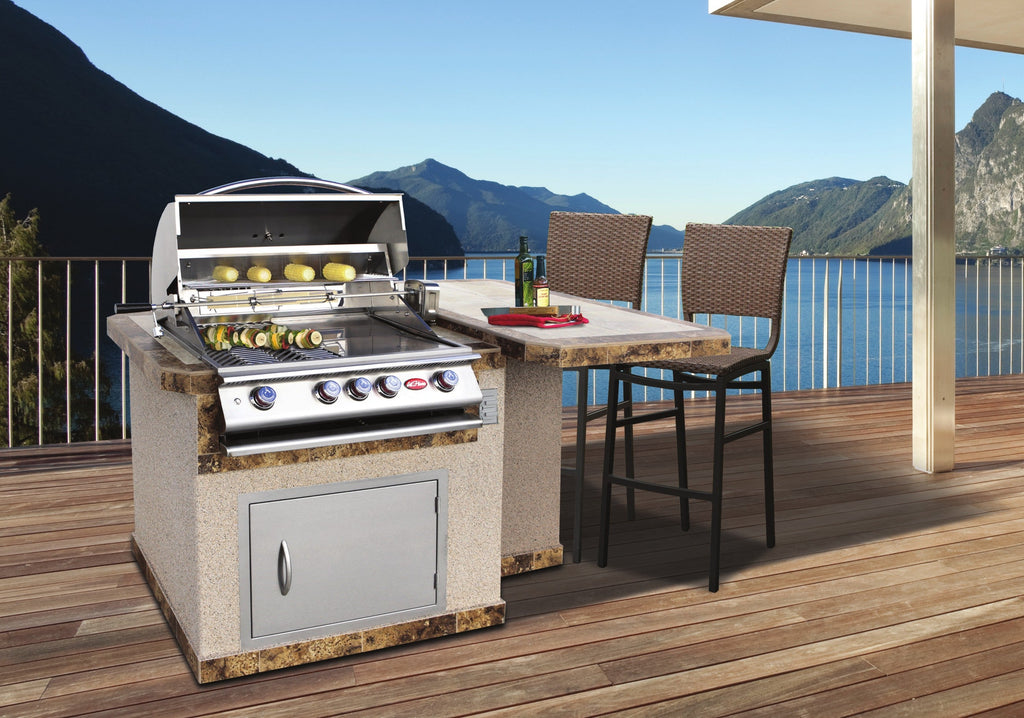 Cal Flame Kauai Q outdoor kitchen island on a lakeside deck