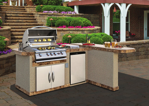 Cal Flame Malibu Q outdoor kitchen island with terraced landscaping