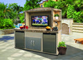 Cal Flame ODC-1 Paradise outdoor entertainment center with TV, two refrigerators and stucco finish on a patio