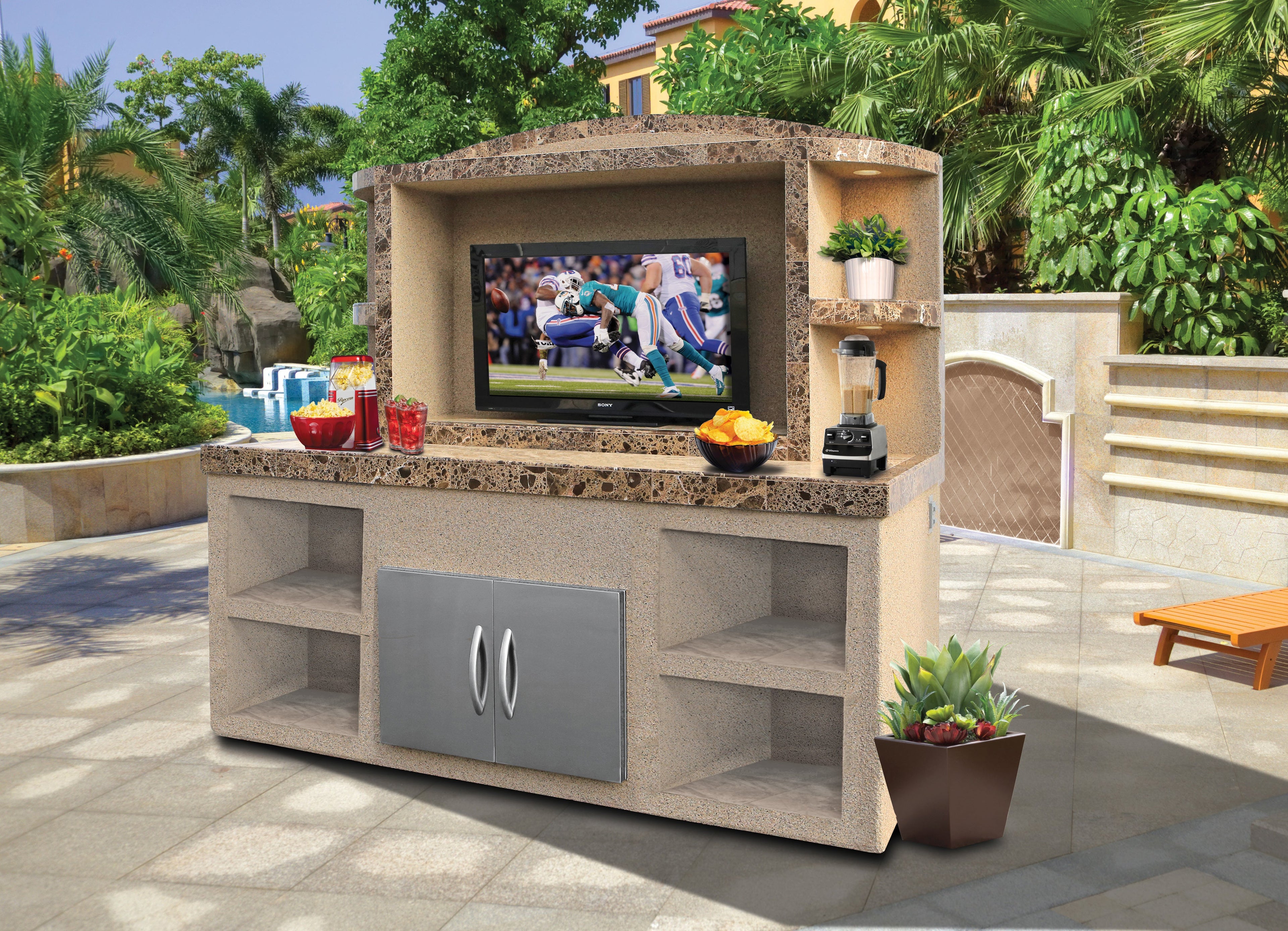 Cal Flame ODC-2 Crystal outdoor entertainment center with TV and LED shelving in stucco finish