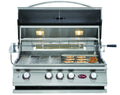 Cal Flame P Series P4 built-in gas grill, hood open with rotisserie and interior lights