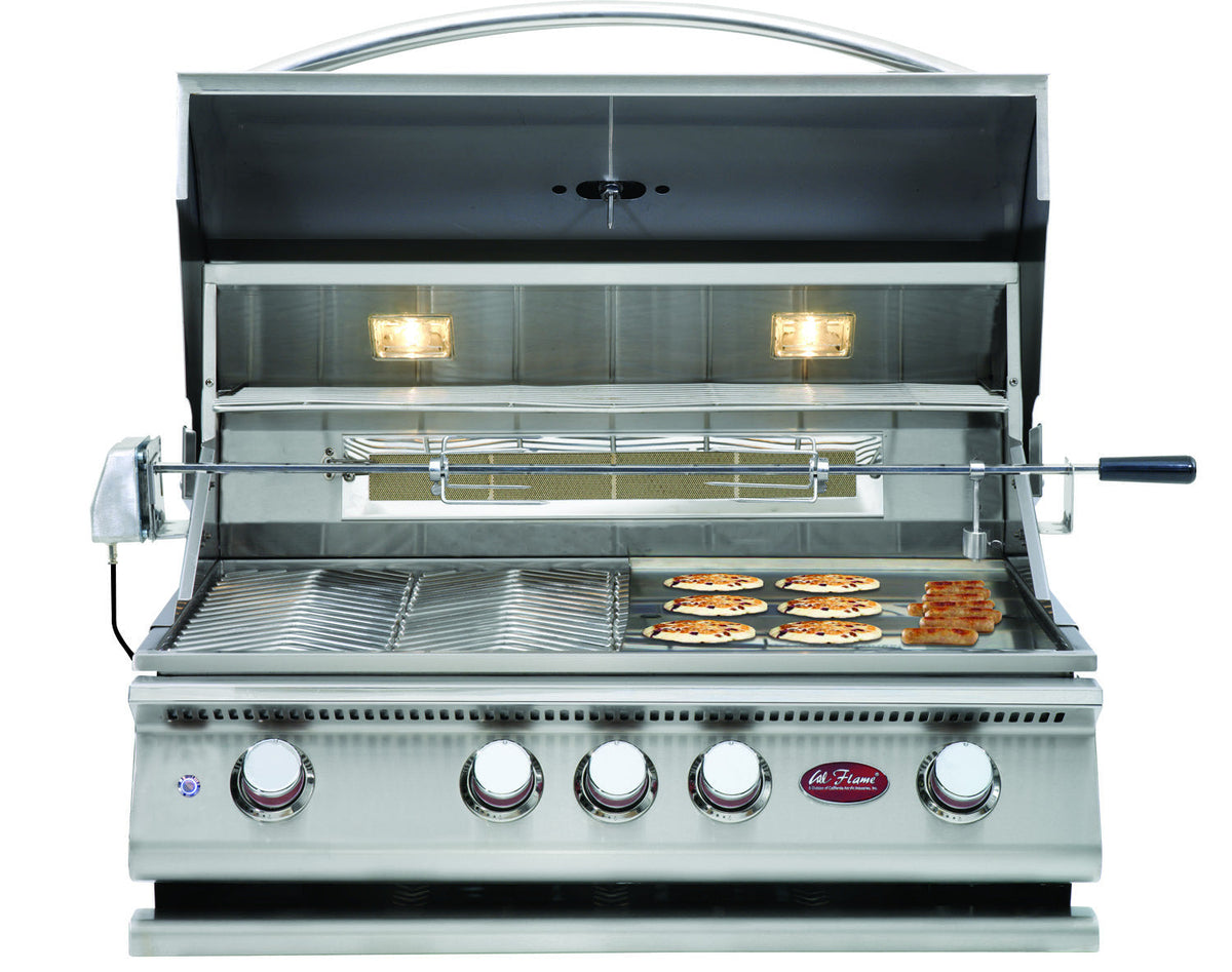 Cal Flame P Series P4 built-in gas grill, hood open with rotisserie and interior lights