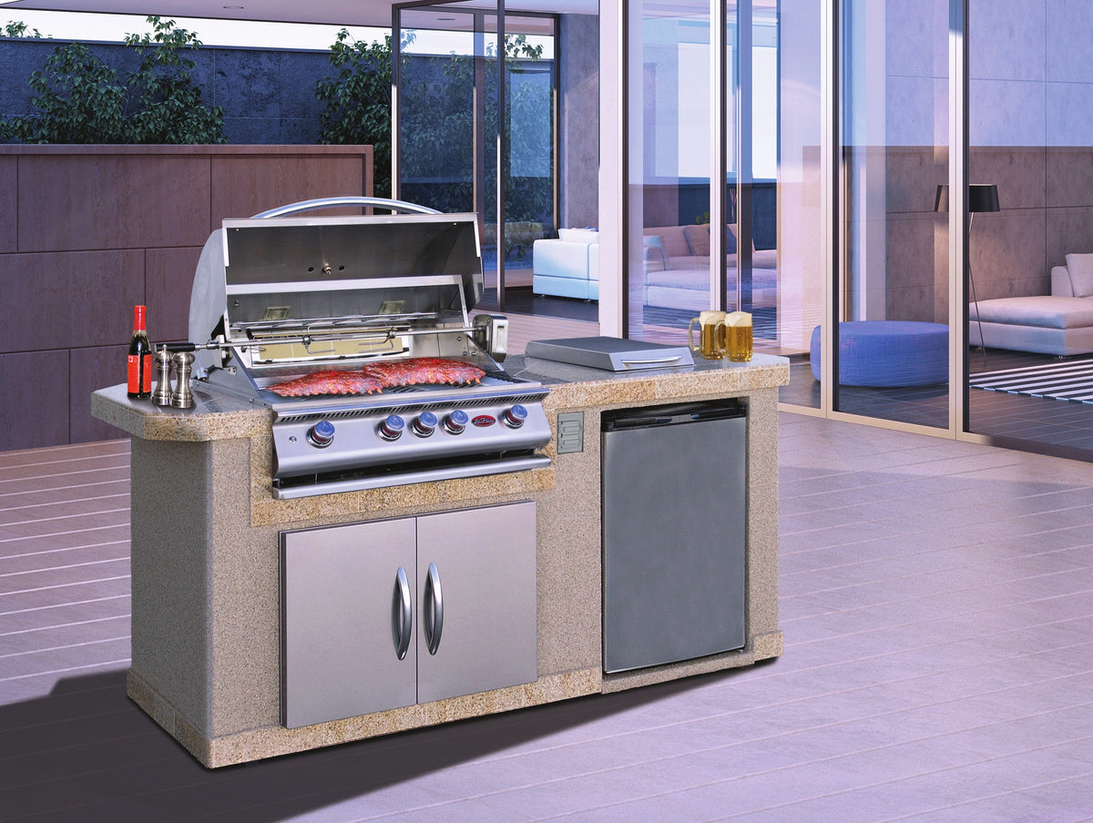 Cal Flame Pacifica Q outdoor kitchen island with grill and refrigerator