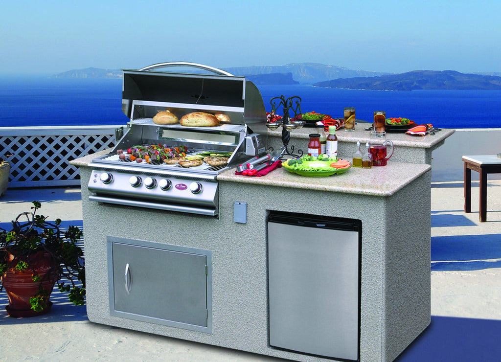 Cal Flame Tropical Q outdoor kitchen island with raised bar, seaside patio