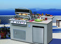 Cal Flame Tropical Q outdoor kitchen island with raised bar, seaside patio