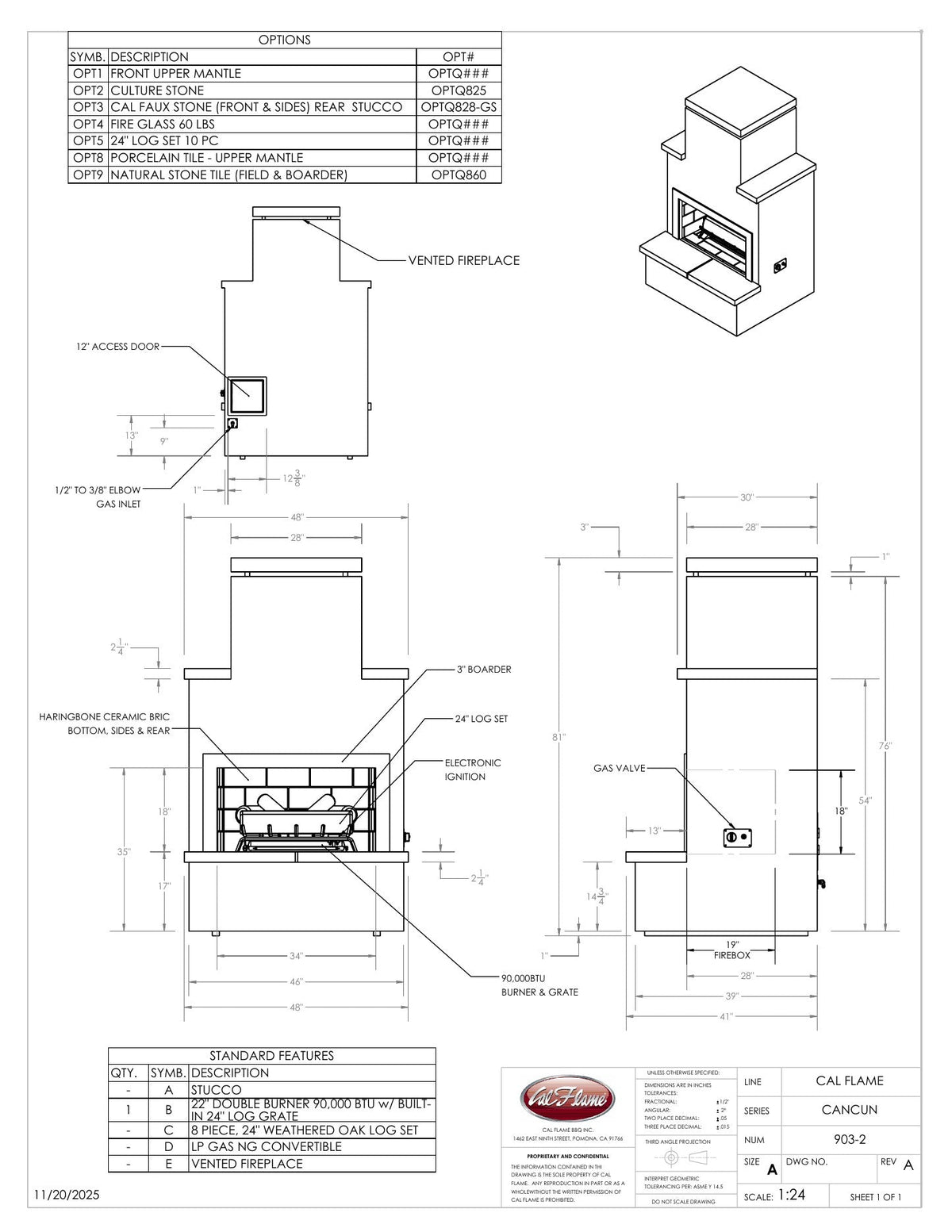 Cal Flame Cancun FRP-903-2 fireplace line drawing with dimensions