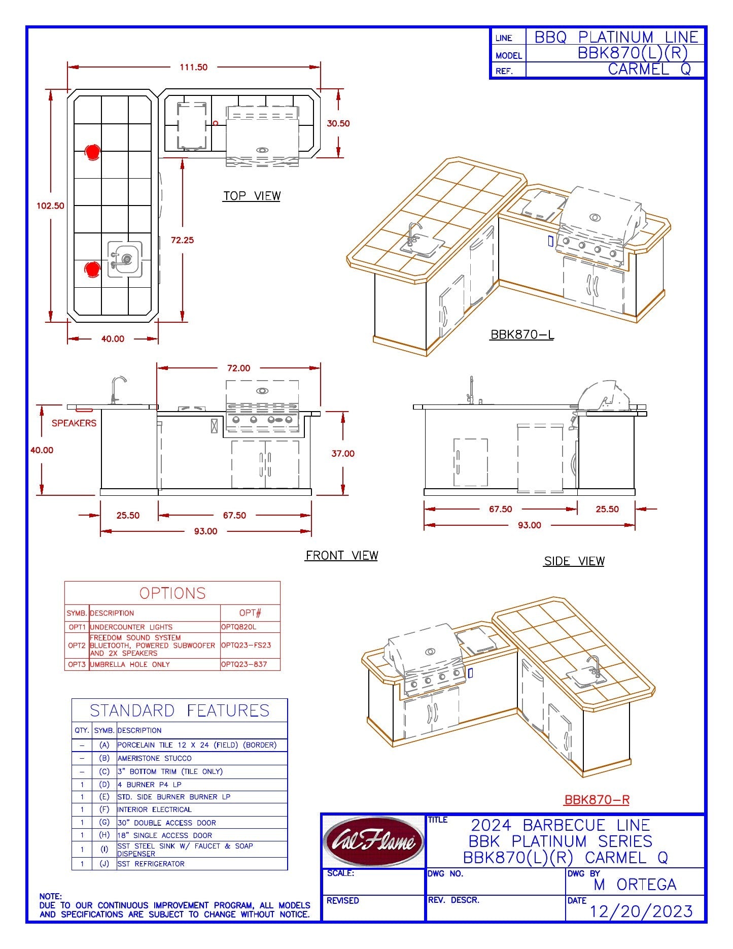 Cal Flame Carmel Q BBK870 line drawing with dimensions and standard features