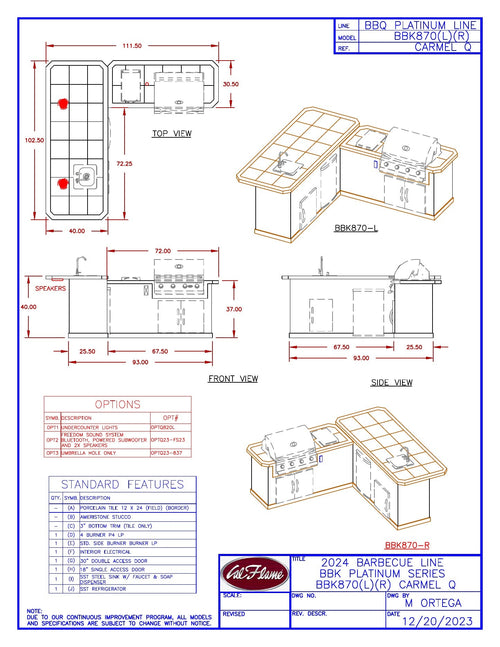 Cal Flame Carmel Q BBK870 line drawing with dimensions and standard features