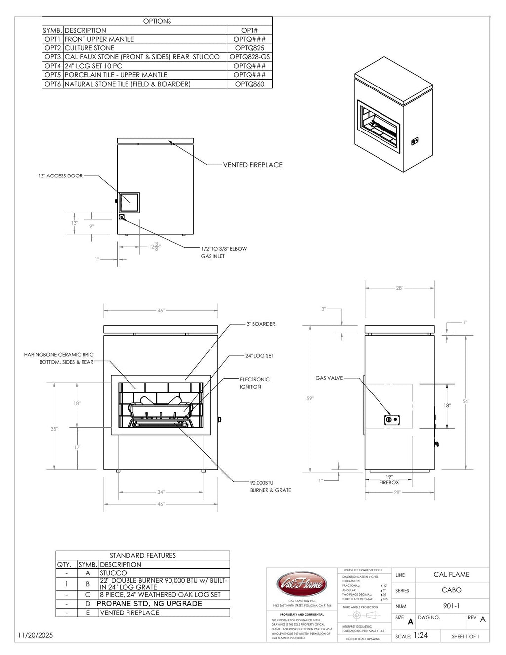 Cal Flame Cabo fireplace dimension drawing