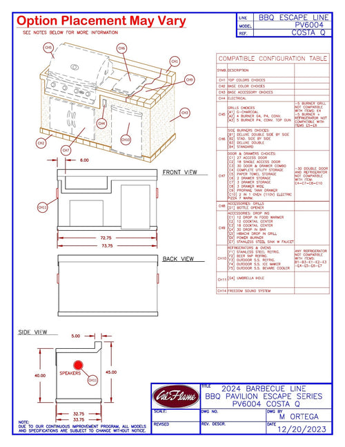 Cal Flame Costa Q dimension drawing with option compatibility guide