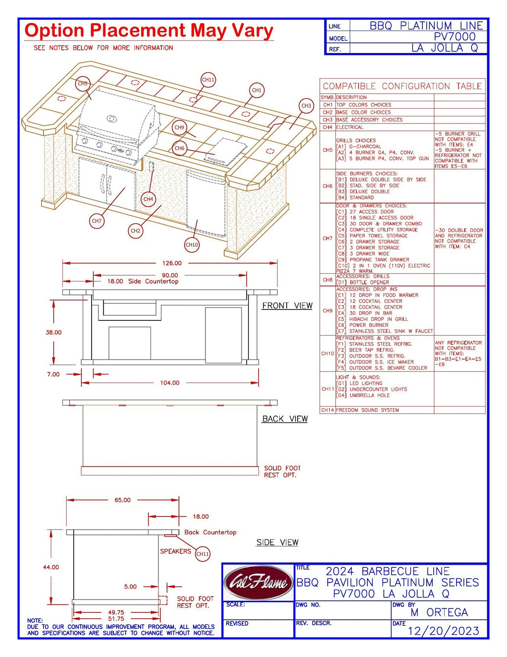 Cal Flame La Jolla Q dimension drawing with option compatibility guide