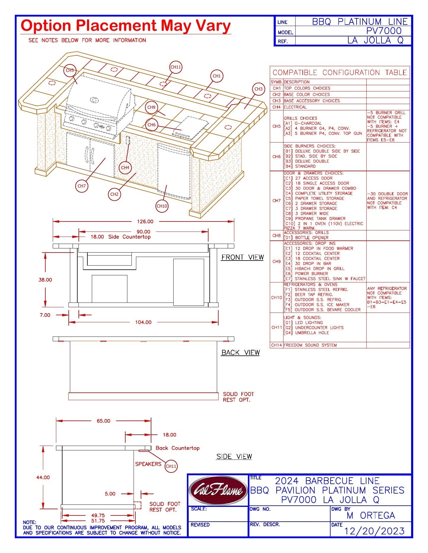Cal Flame La Jolla Q dimension drawing with option compatibility guide