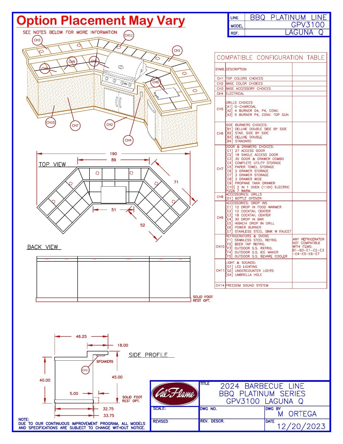Cal Flame Laguna Q dimension drawing with option compatibility guide
