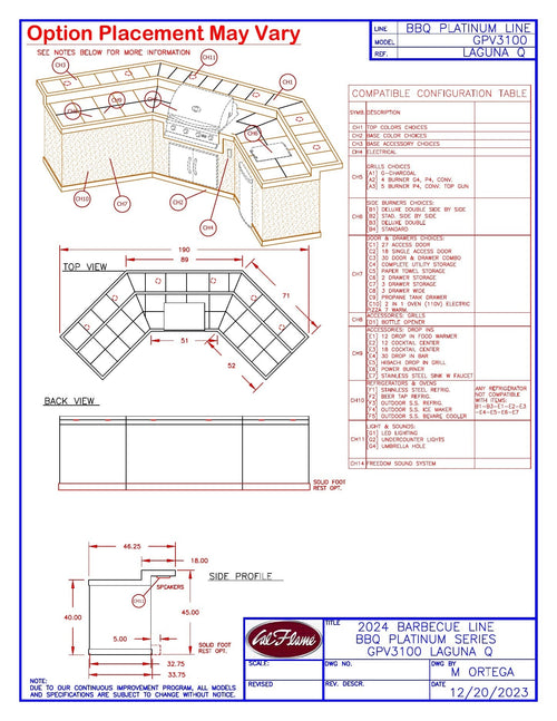 Cal Flame Laguna Q dimension drawing with option compatibility guide