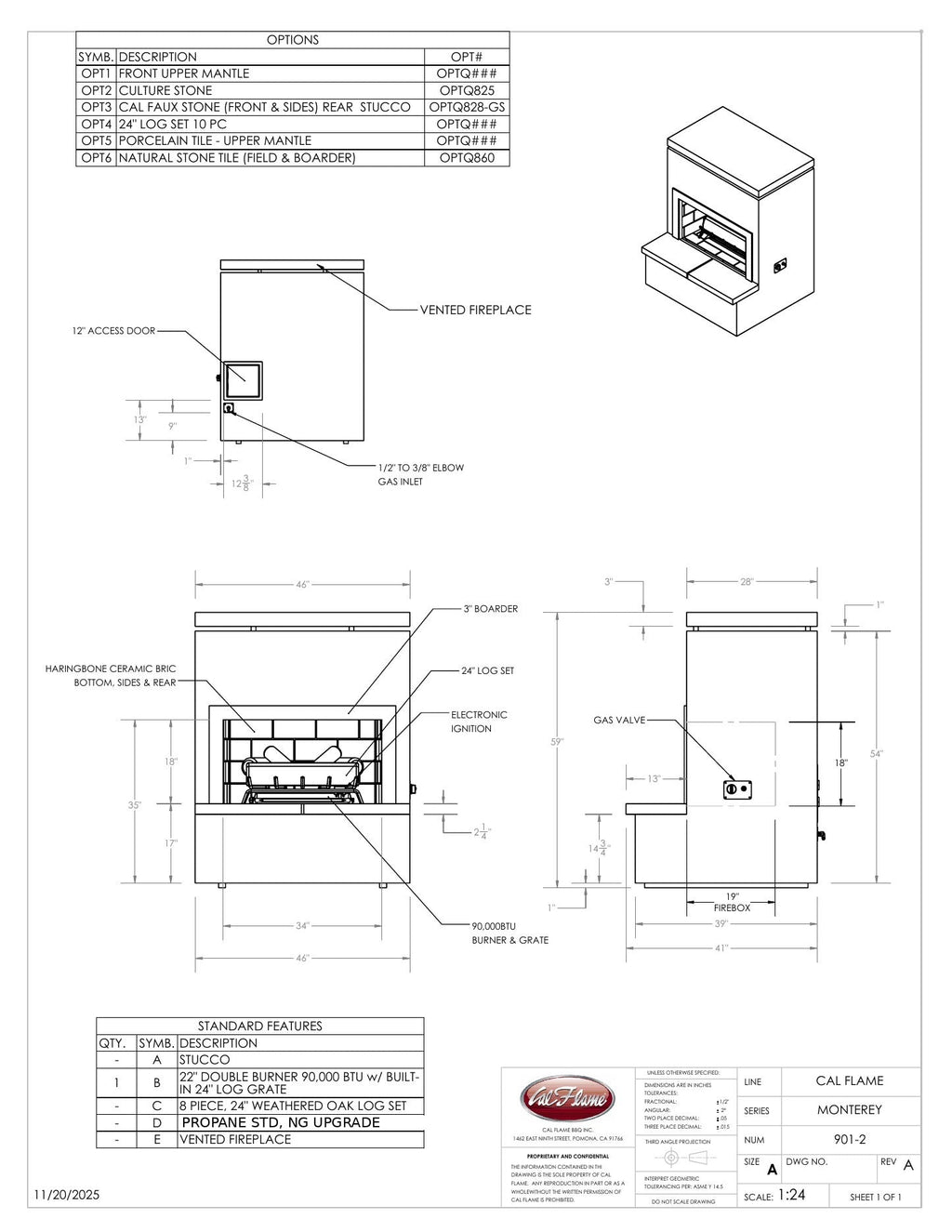 Cal Flame Monterey fireplace dimension drawing