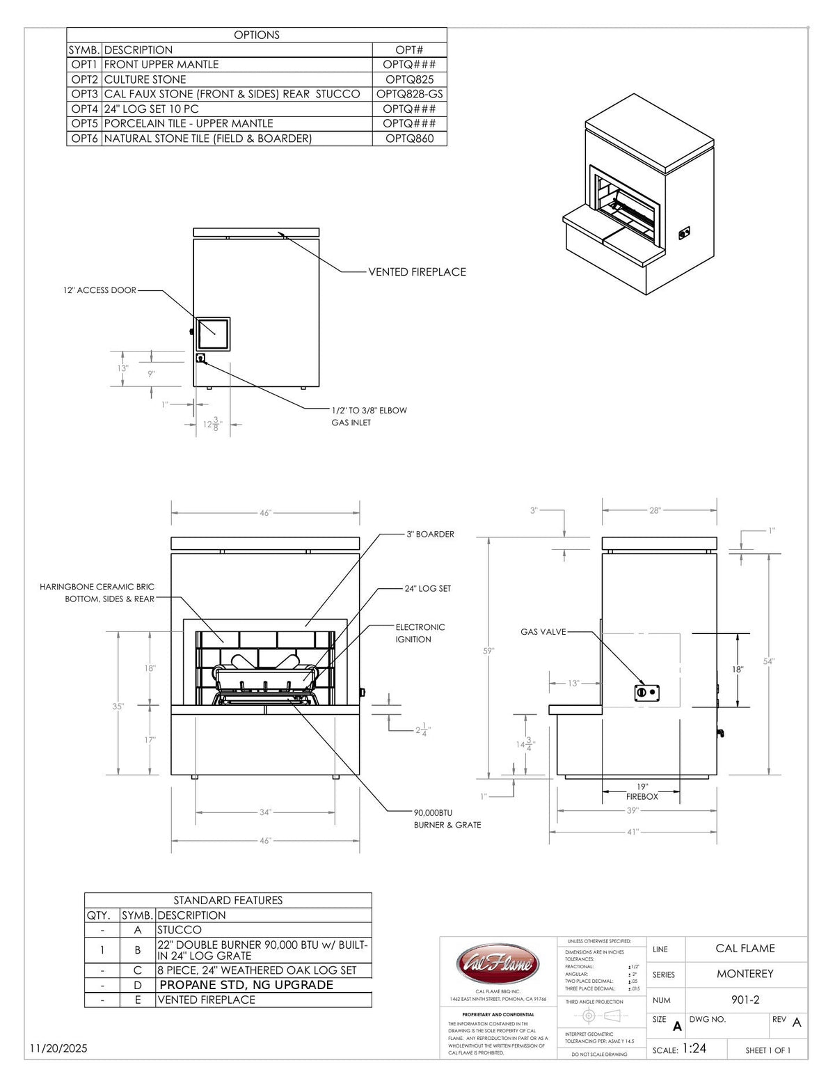 Cal Flame Monterey fireplace dimension drawing