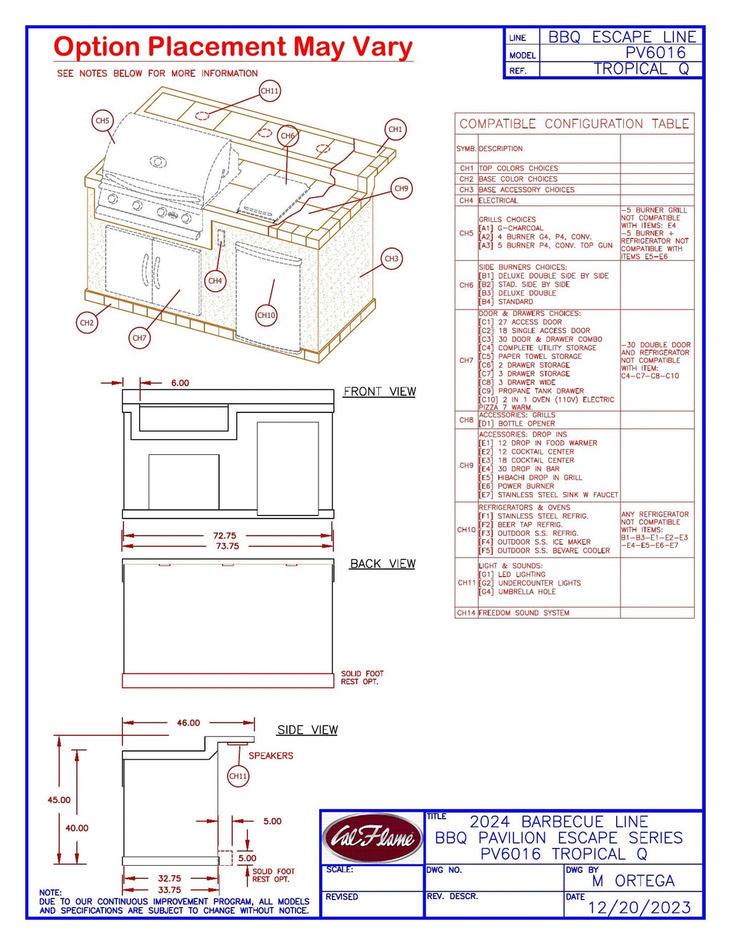 Cal Flame Tropical Q dimension drawing with option compatibility guide