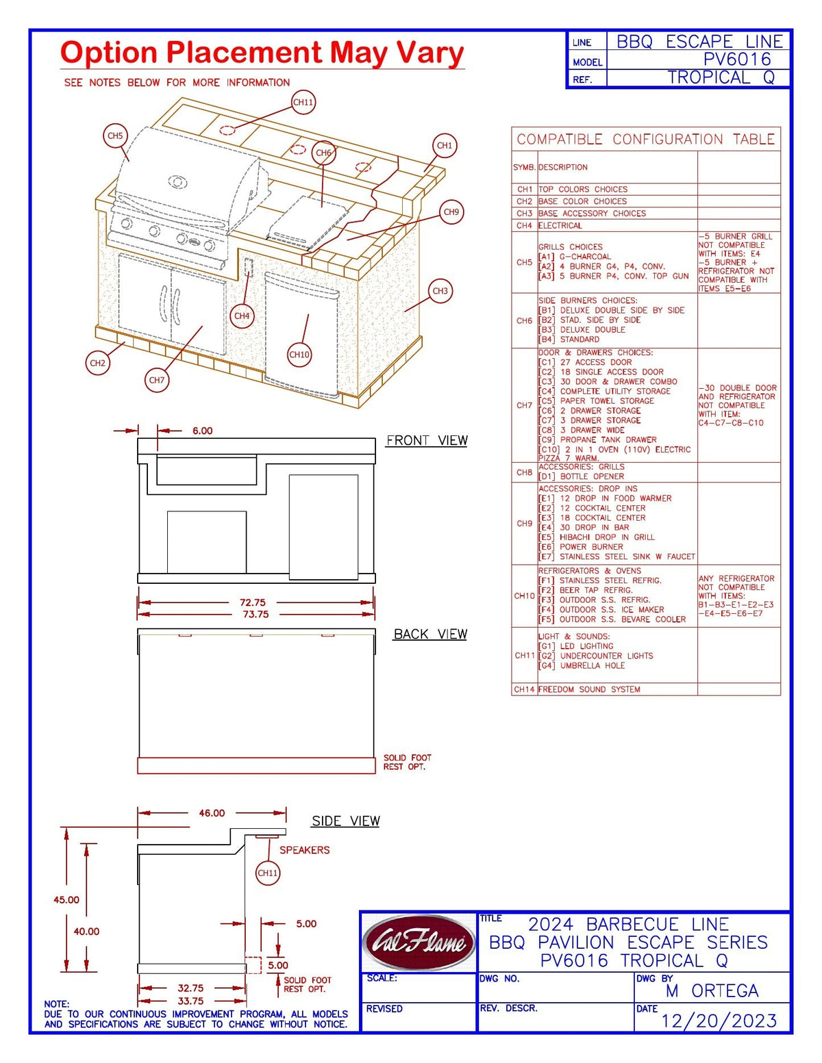Cal Flame Tropical Q dimension drawing with option compatibility guide