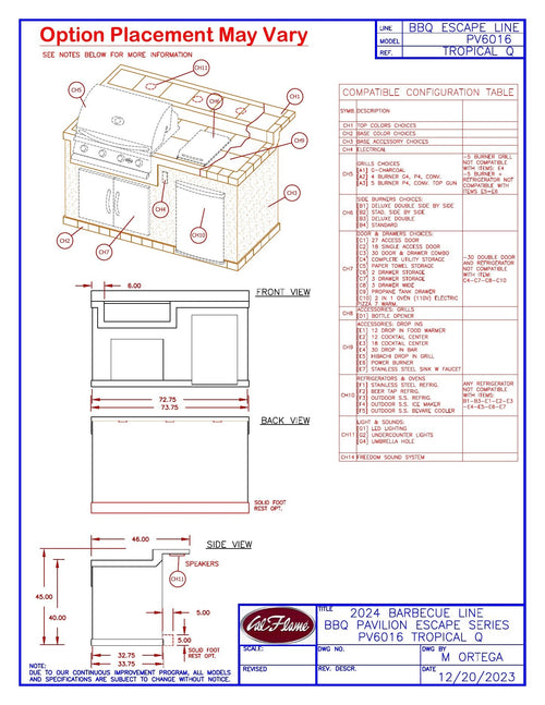 Cal Flame Tropical Q dimension drawing with option compatibility guide