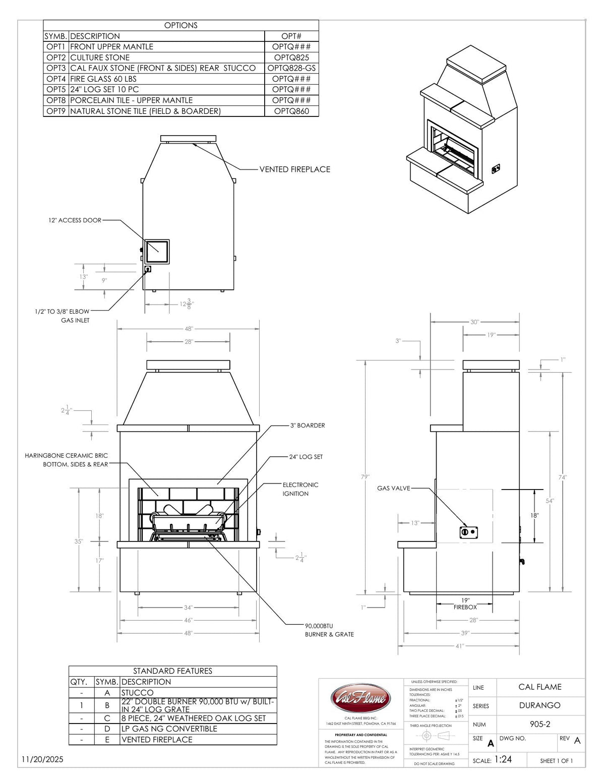 Cal Flame Durango FRP-905-2 fireplace line drawing with dimensions