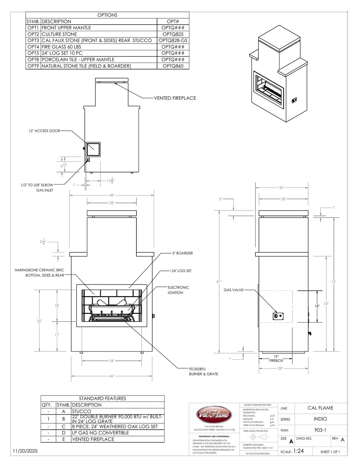Cal Flame Indio FRP-903-1 fireplace line drawing with dimensions