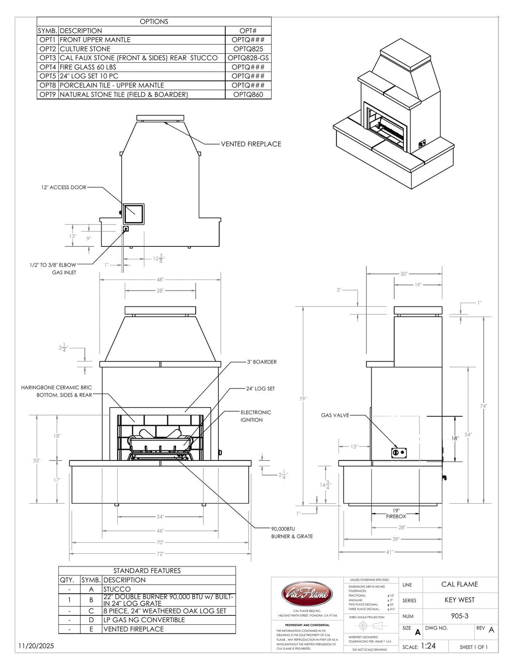 Cal Flame Key West FRP-905-3 fireplace line drawing with dimensions