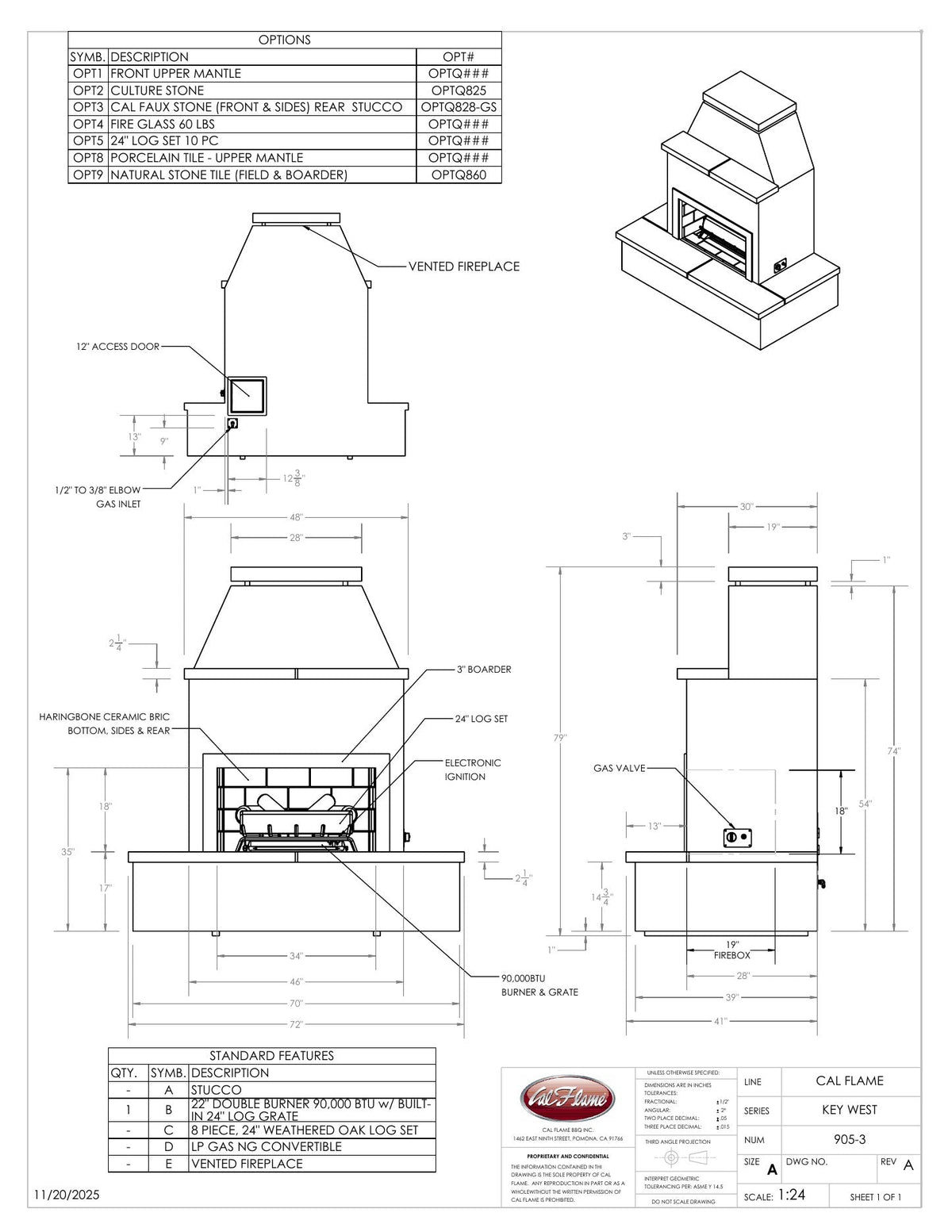 Cal Flame Key West FRP-905-3 fireplace line drawing with dimensions