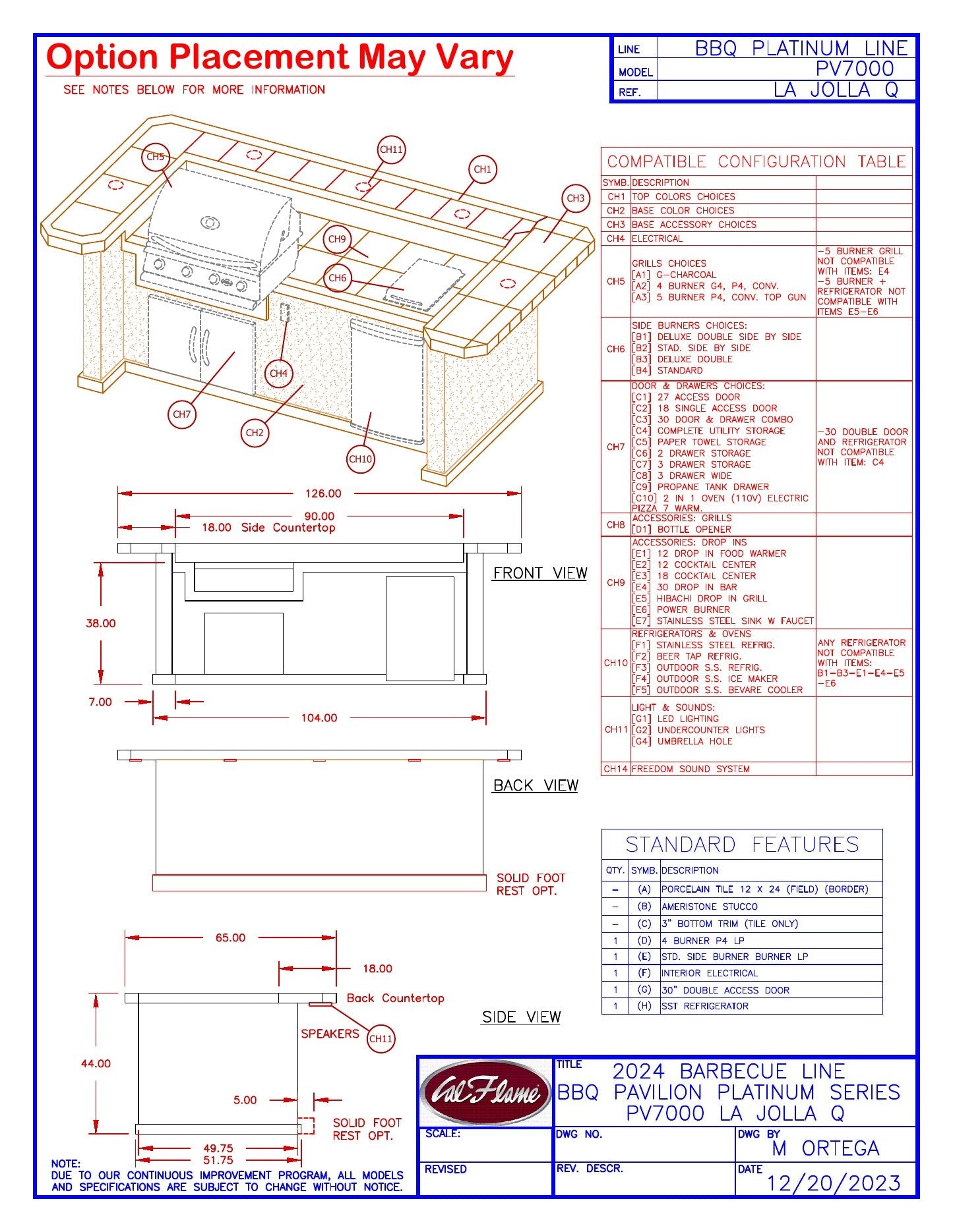 Cal Flame La Jolla Q PV7000 line drawing with dimensions and standard features