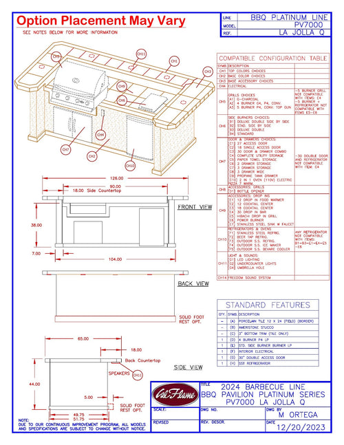 Cal Flame La Jolla Q PV7000 line drawing with dimensions and standard features