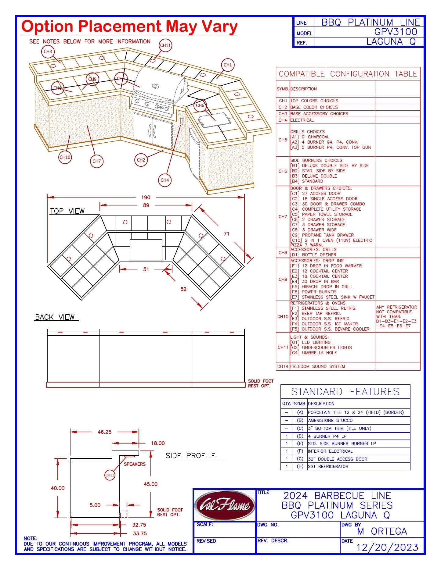 Cal Flame Laguna Q GPV3100 line drawing with dimensions and configuration table