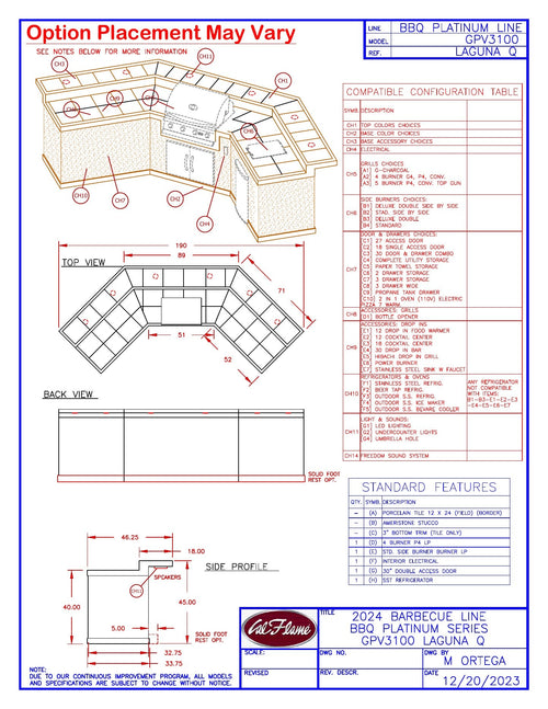 Cal Flame Laguna Q GPV3100 line drawing with dimensions and configuration table